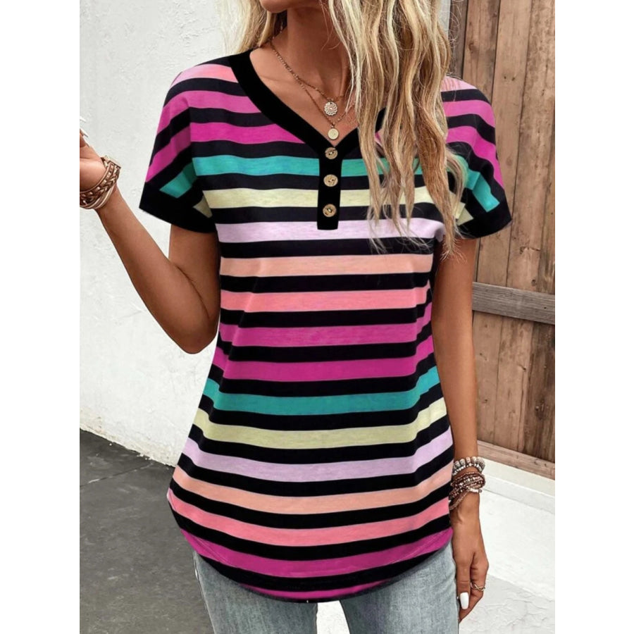 Striped V-Neck Short Sleeve T-Shirt Stripe / S Apparel and Accessories