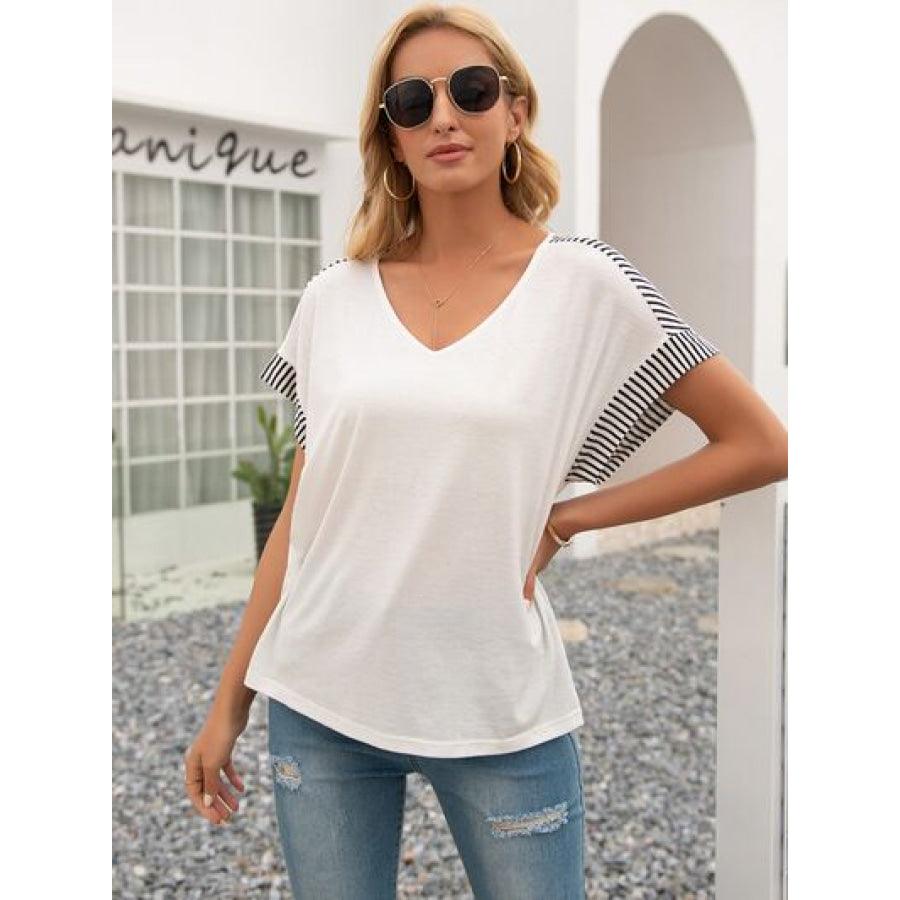 Striped V - Neck Short Sleeve T - Shirt White / S Apparel and Accessories