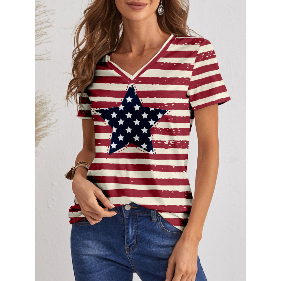 Striped V-Neck Short Sleeve T-Shirt Wine / S Apparel and Accessories