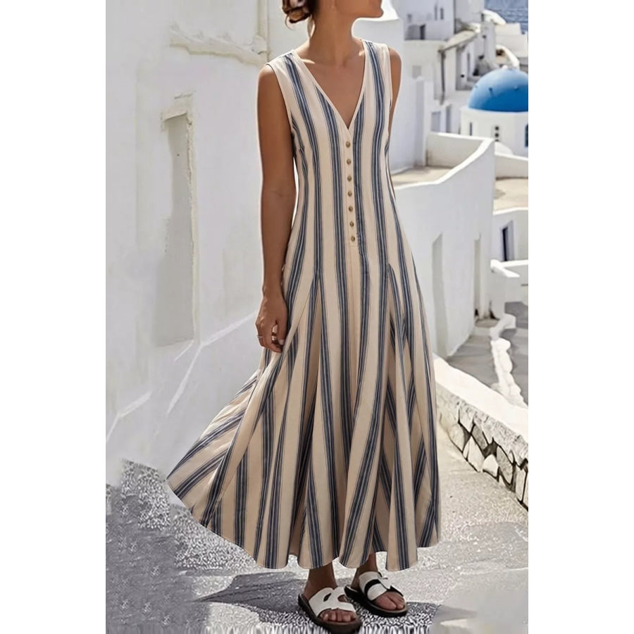 Striped V-Neck Sleeveless Midi Dress Apparel and Accessories