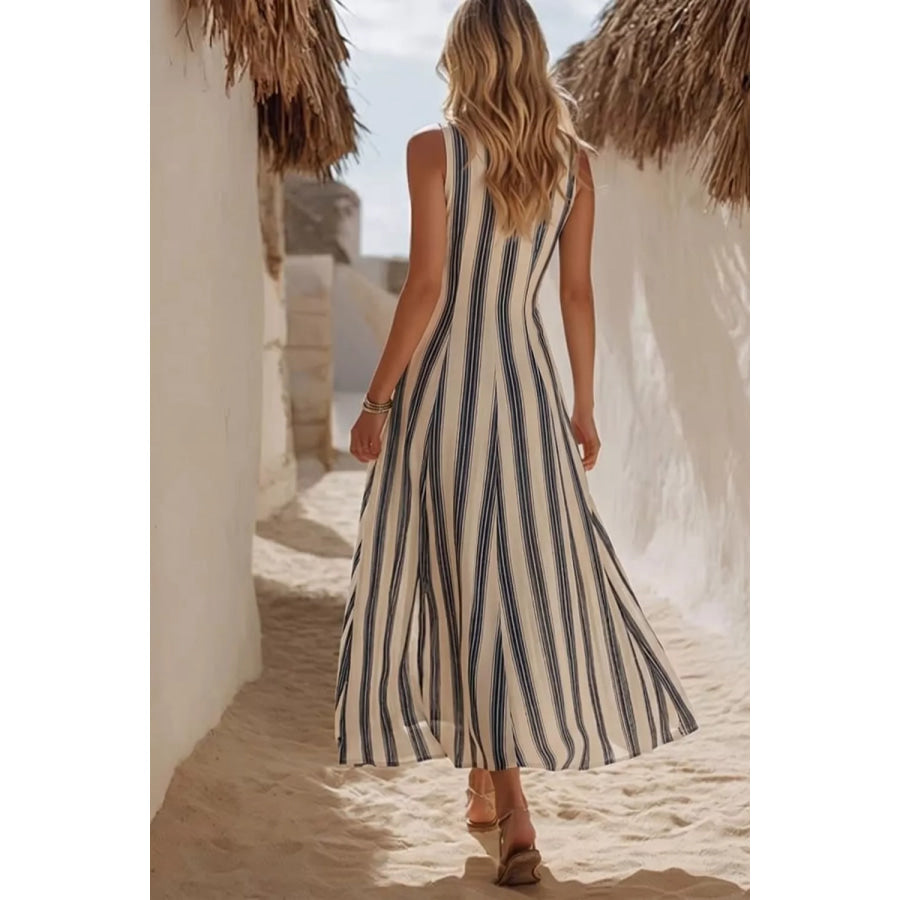 Striped V-Neck Sleeveless Midi Dress Apparel and Accessories