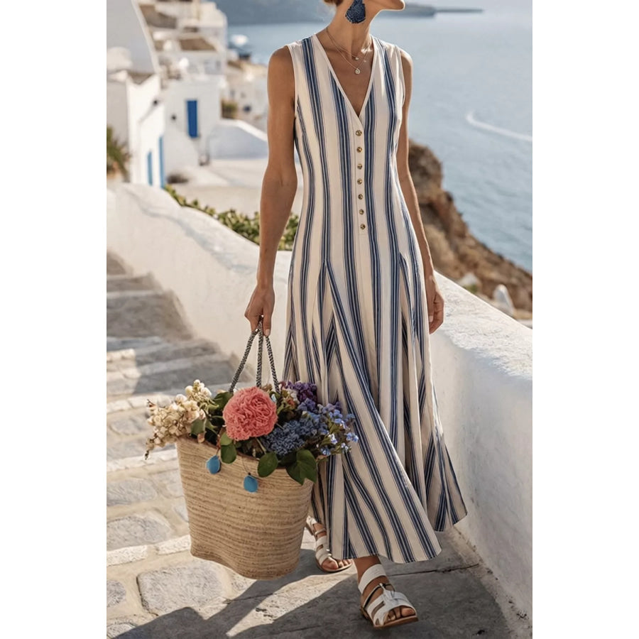 Striped V-Neck Sleeveless Midi Dress Apparel and Accessories