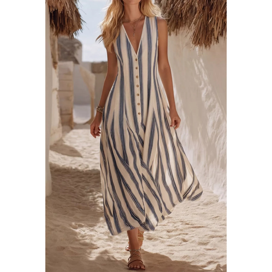 Striped V-Neck Sleeveless Midi Dress Stripe / S Apparel and Accessories