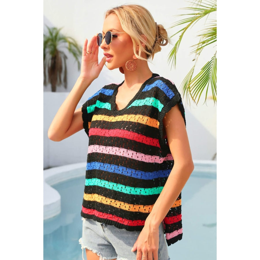 Striped V-Neck Slit Cover Up