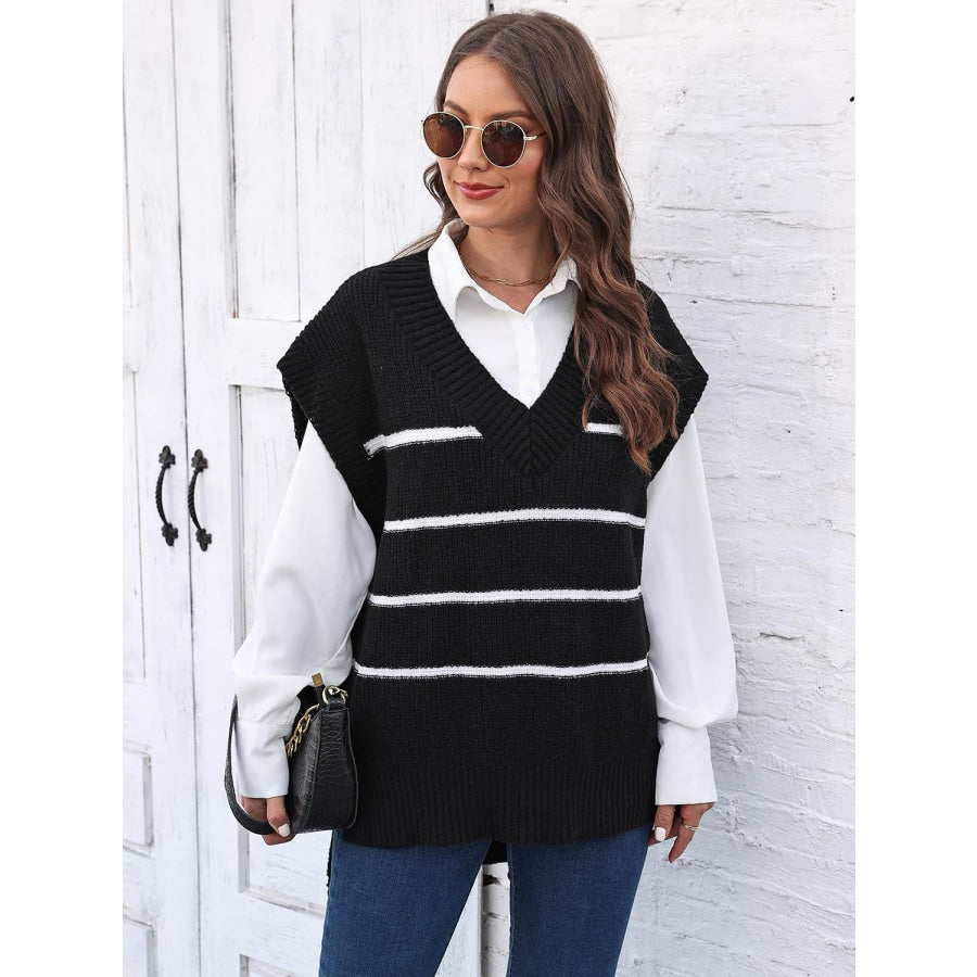 Striped V-Neck Sweater Vest Black / One Size