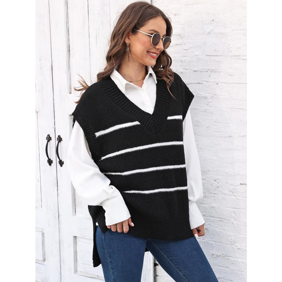 Striped V-Neck Sweater Vest Black / One Size