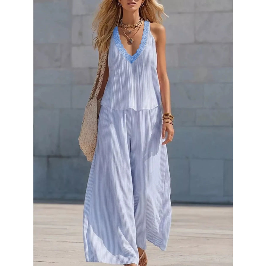 Striped V-Neck Tank and Wide-Leg Pants Set Sky Blue / S Apparel Accessories