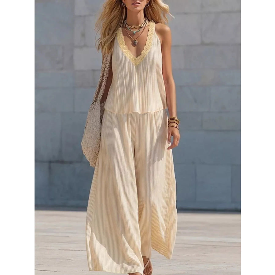 Striped V-Neck Tank and Wide-Leg Pants Set Yellow / S Apparel and Accessories