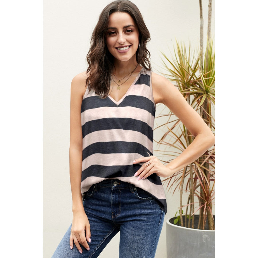 Striped V-Neck Tank Black / S