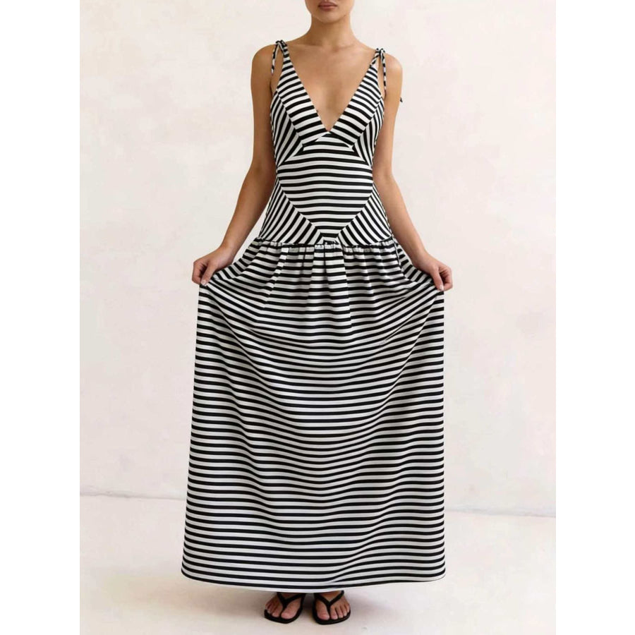 Striped V-Neck Tie-Shoulder Maxi Dress Apparel and Accessories