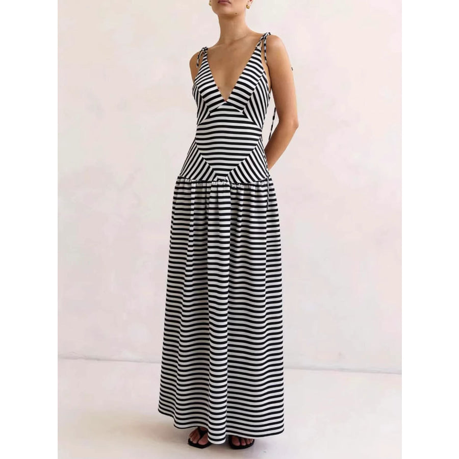 Striped V-Neck Tie-Shoulder Maxi Dress Apparel and Accessories