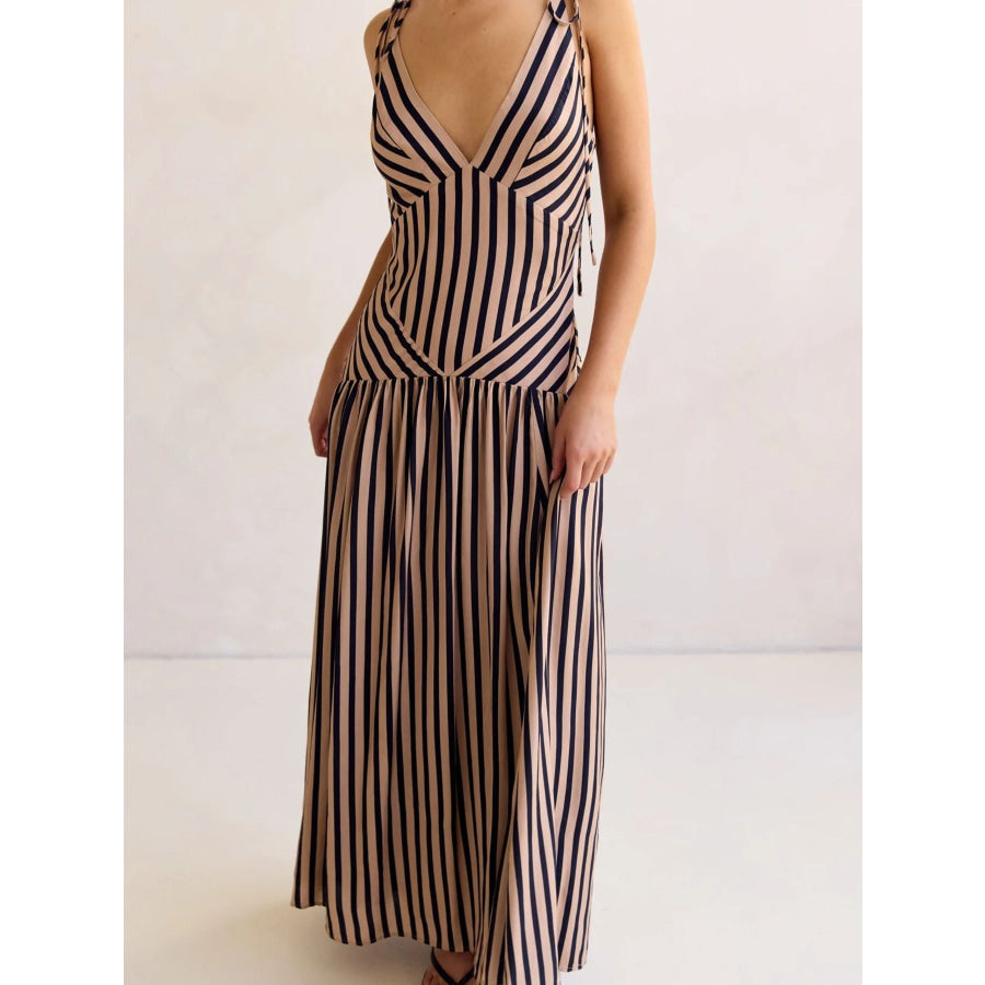 Striped V-Neck Tie-Shoulder Maxi Dress Apparel and Accessories