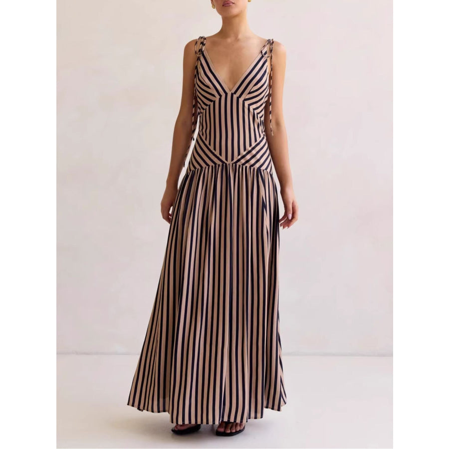 Striped V-Neck Tie-Shoulder Maxi Dress Apparel and Accessories