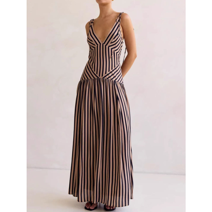 Striped V-Neck Tie-Shoulder Maxi Dress Apparel and Accessories