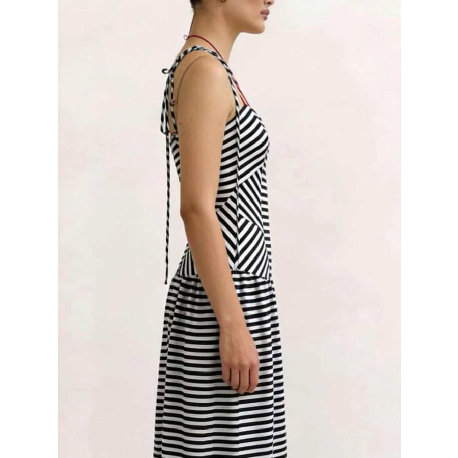 Striped V-Neck Tie-Shoulder Maxi Dress Apparel and Accessories