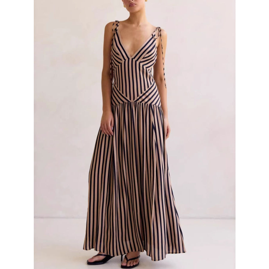 Striped V-Neck Tie-Shoulder Maxi Dress Apparel and Accessories