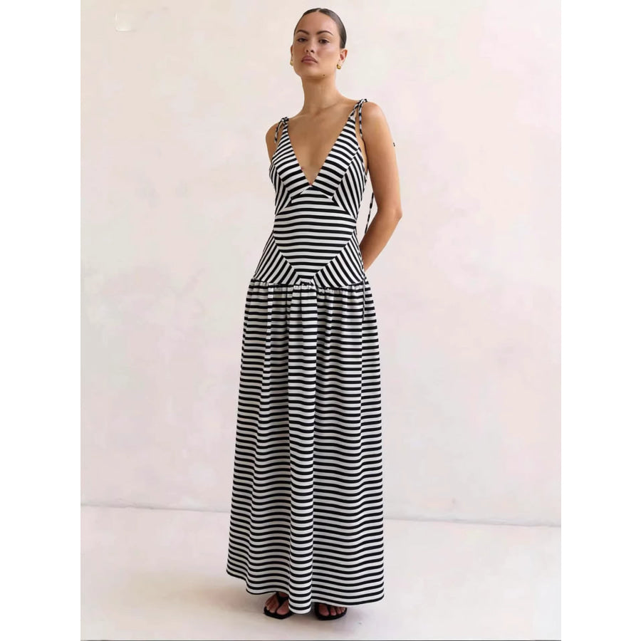 Striped V-Neck Tie-Shoulder Maxi Dress Black / S Apparel and Accessories