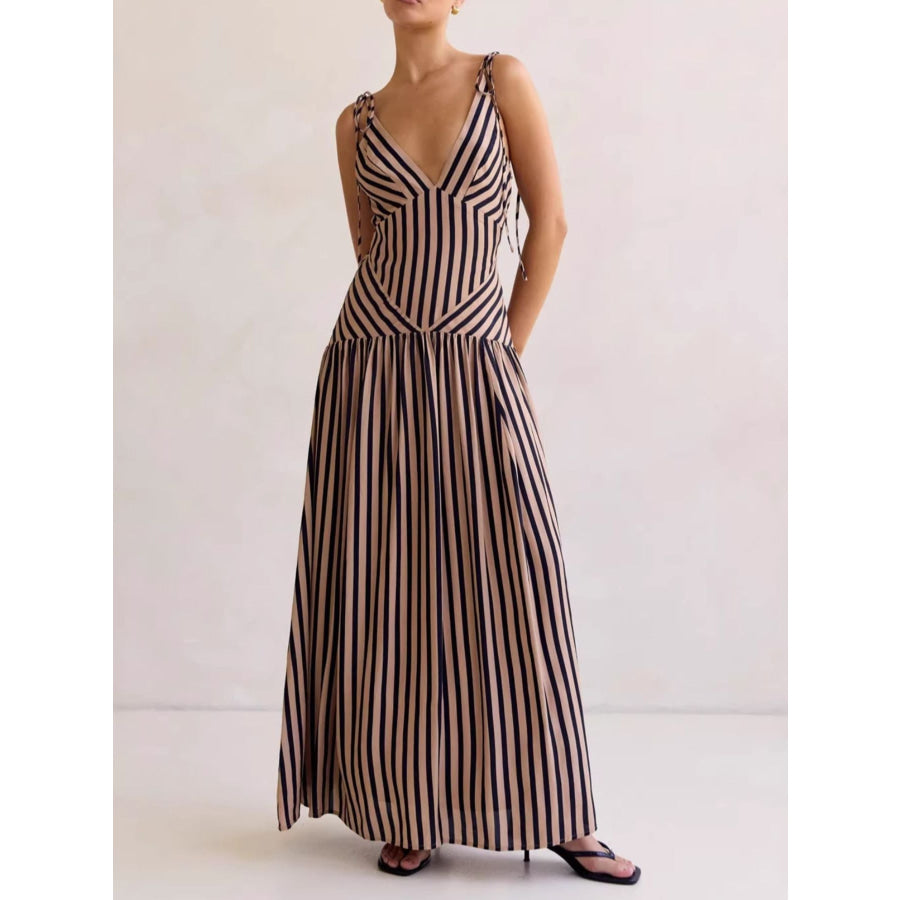 Striped V-Neck Tie-Shoulder Maxi Dress Brown / S Apparel and Accessories