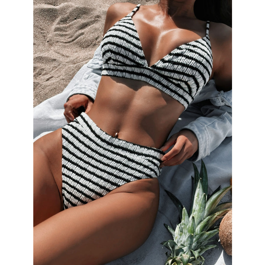 Striped V-Neck Two-Piece Swim Set Black / S Apparel and Accessories