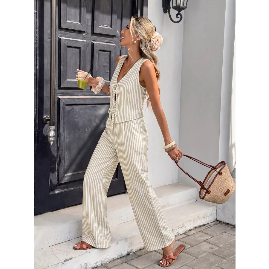 Striped Vest & Wide Leg Pants Set Apparel and Accessories