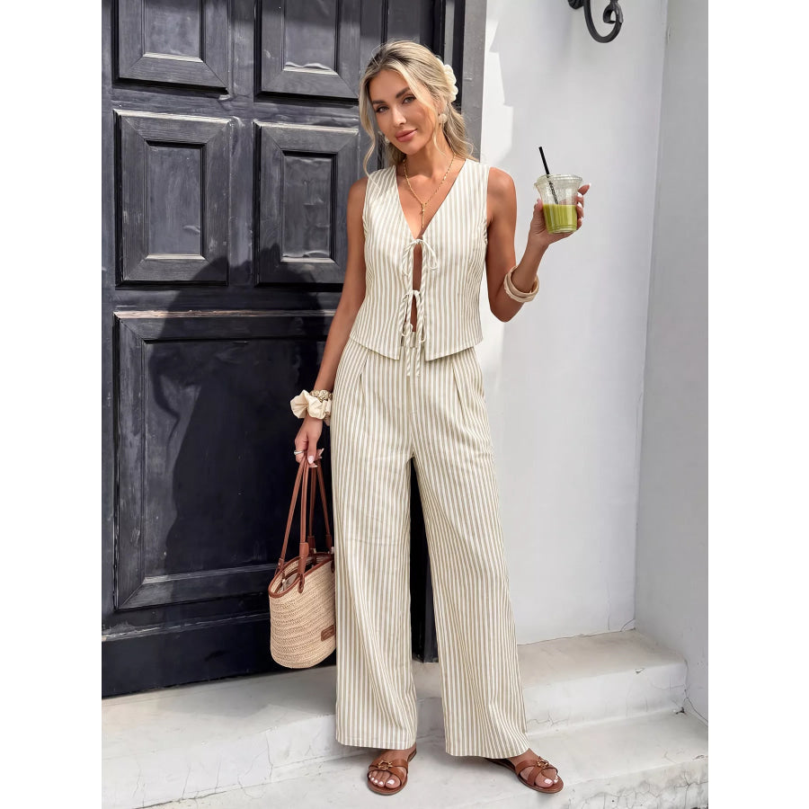 Striped Vest & Wide Leg Pants Set Apparel and Accessories