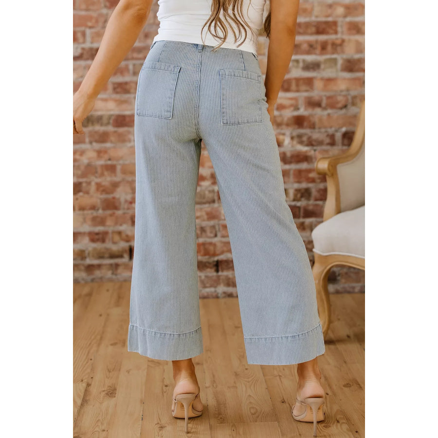 Striped Wide-Leg Cropped Jeans Light Blue / 4 Apparel and Accessories