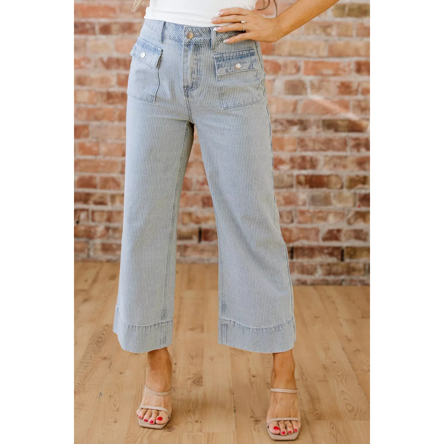 Striped Wide-Leg Cropped Jeans Light Blue / 4 Apparel and Accessories