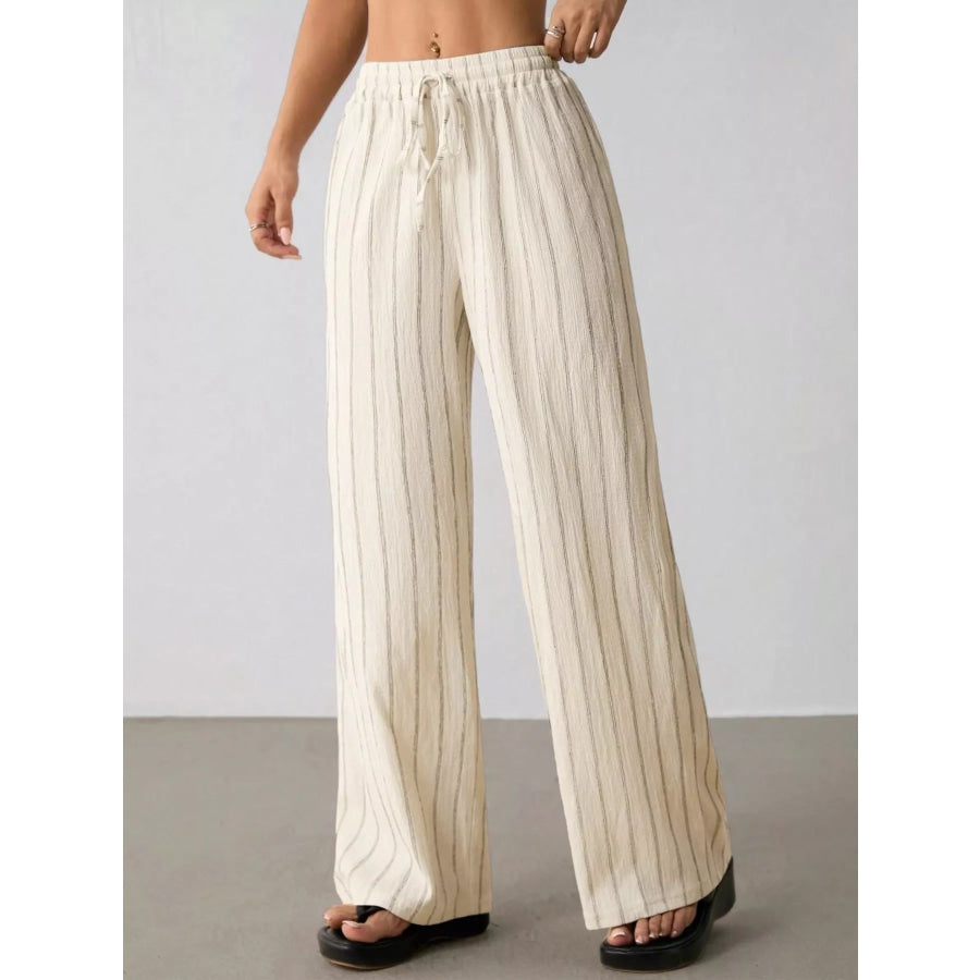 Striped Wide-Leg Drawstring Pants Apricot / XS Apparel and Accessories