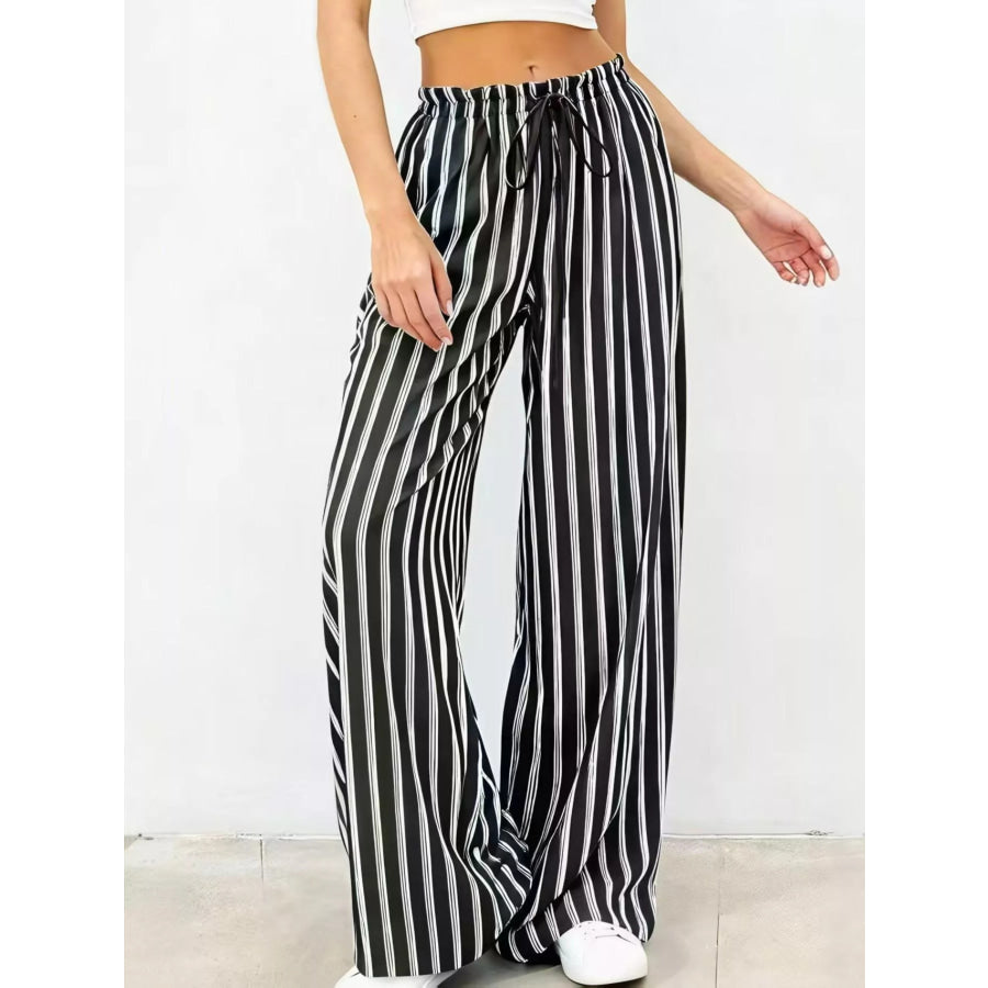 Striped Wide-Leg Drawstring Pants Black / S Apparel and Accessories