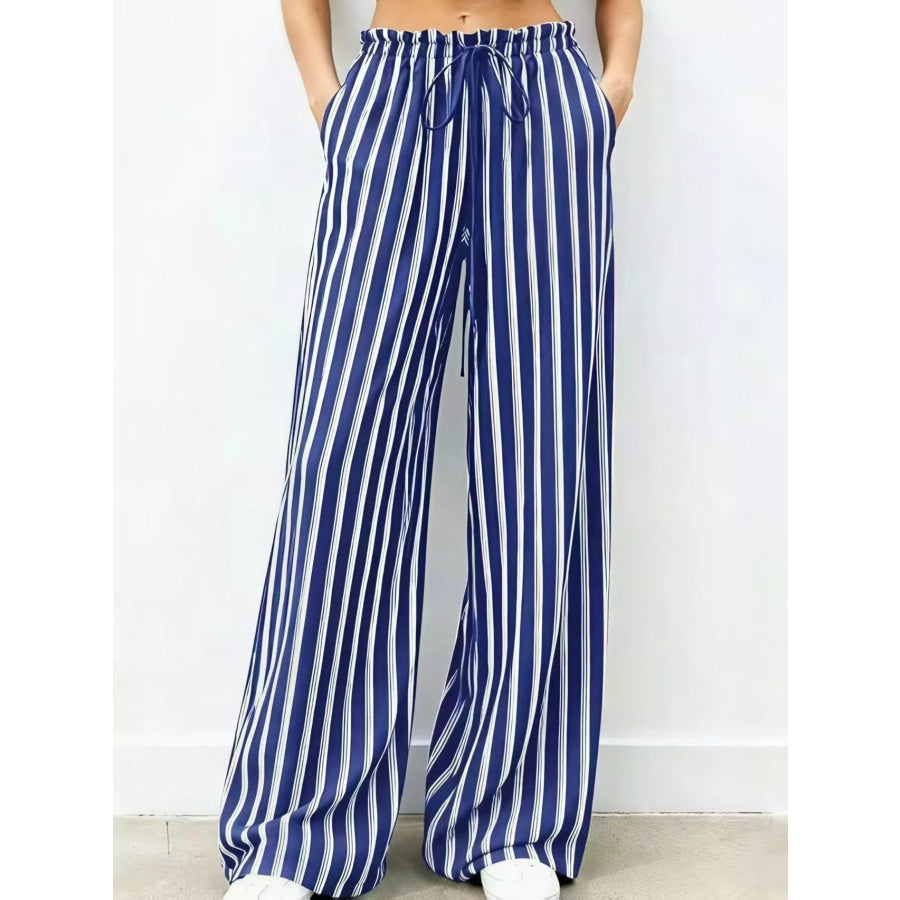 Striped Wide-Leg Drawstring Pants Blue / S Apparel and Accessories
