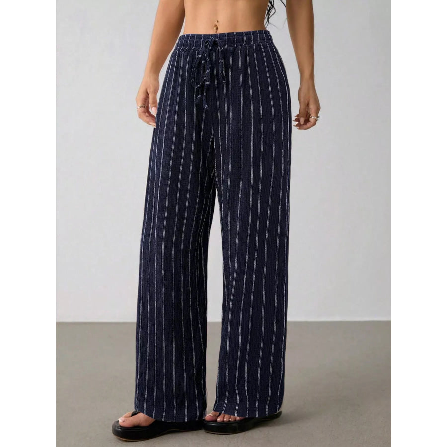 Striped Wide-Leg Drawstring Pants Navy Blue / XS Apparel and Accessories