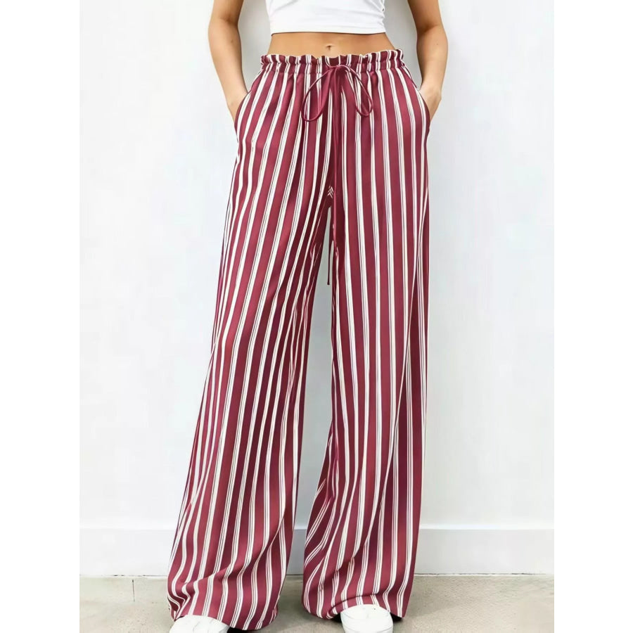 Striped Wide-Leg Drawstring Pants Red / S Apparel and Accessories