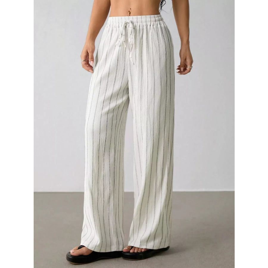 Striped Wide-Leg Drawstring Pants White / XS Apparel and Accessories