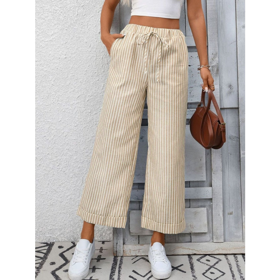 Striped Wide Leg Pants Apricot / S Apparel and Accessories