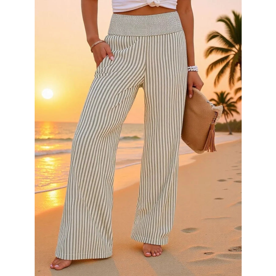Striped Wide-Leg Pants Army Green / S Apparel and Accessories