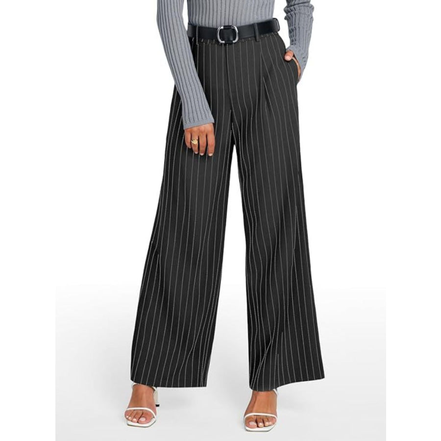 Striped Wide Leg Pants Black / S Apparel and Accessories