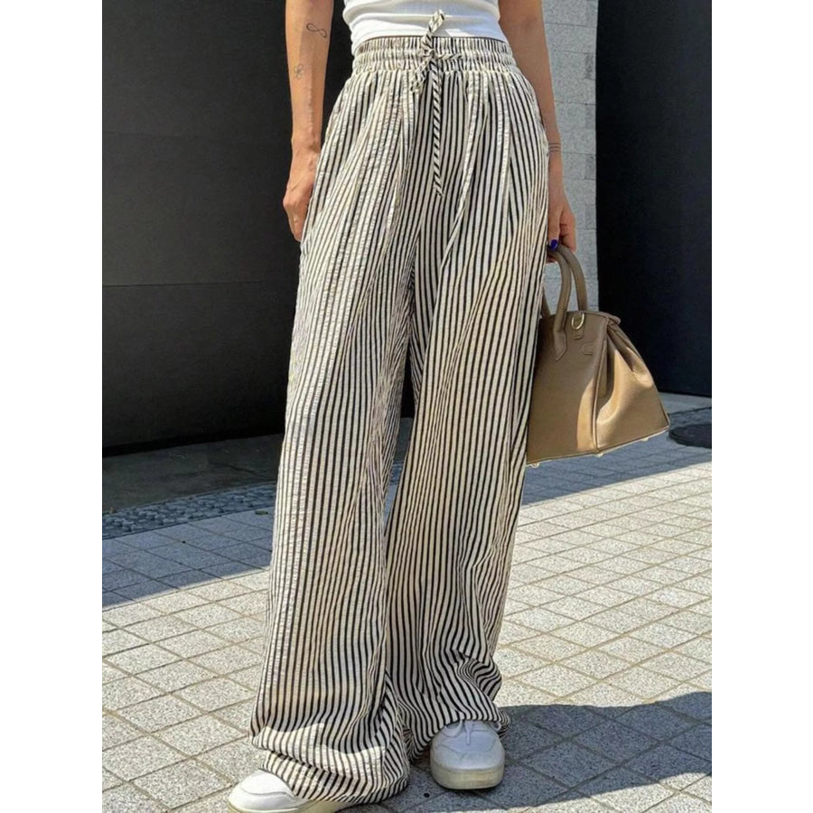 Striped Wide Leg Pants Black / S Apparel and Accessories