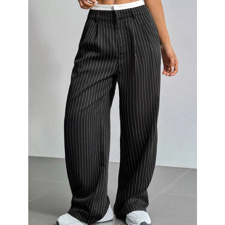 Striped Wide-Leg Pants Black / S Apparel and Accessories
