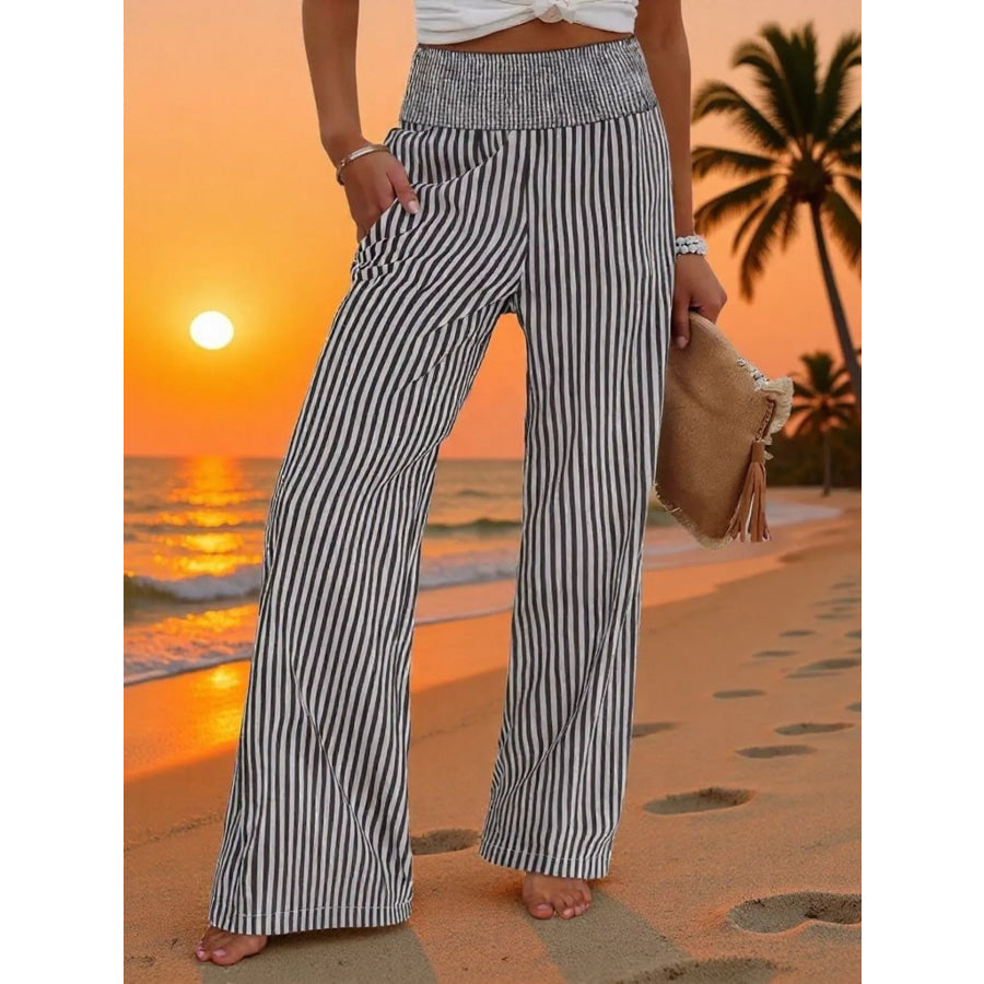 Striped Wide-Leg Pants Black / S Apparel and Accessories