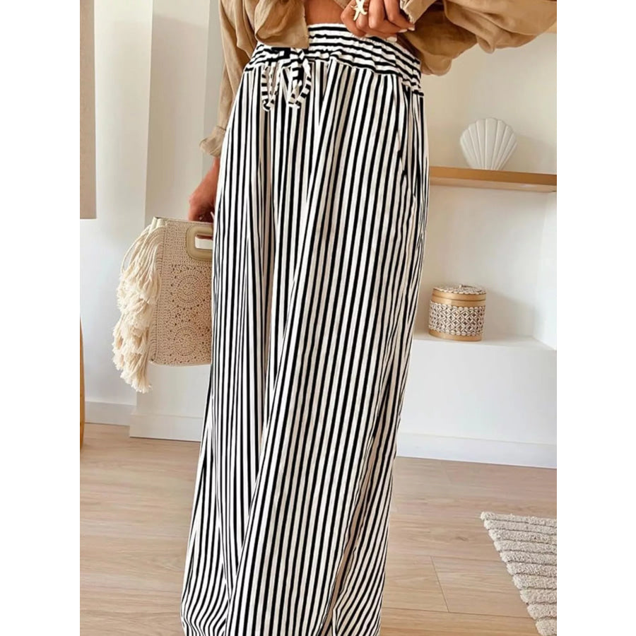Striped Wide-Leg Pants Black / S Apparel and Accessories