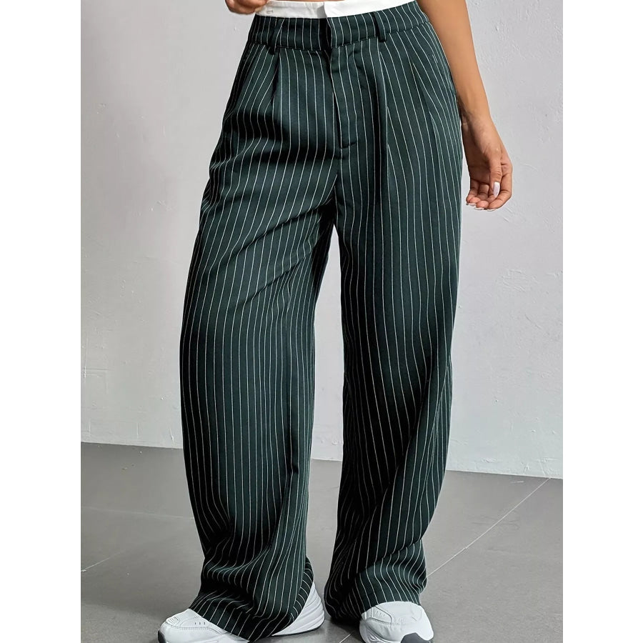 Striped Wide-Leg Pants Dark Green / S Apparel and Accessories