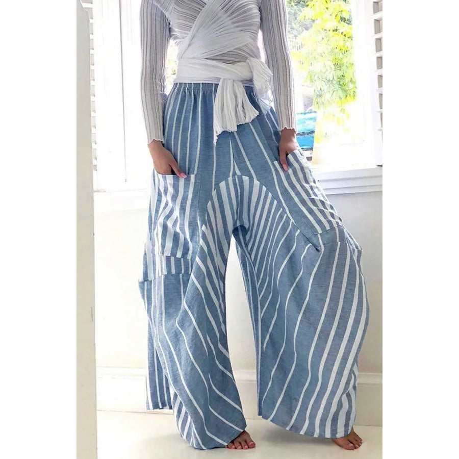 Striped Wide-Leg Pants Light Blue / S Apparel and Accessories