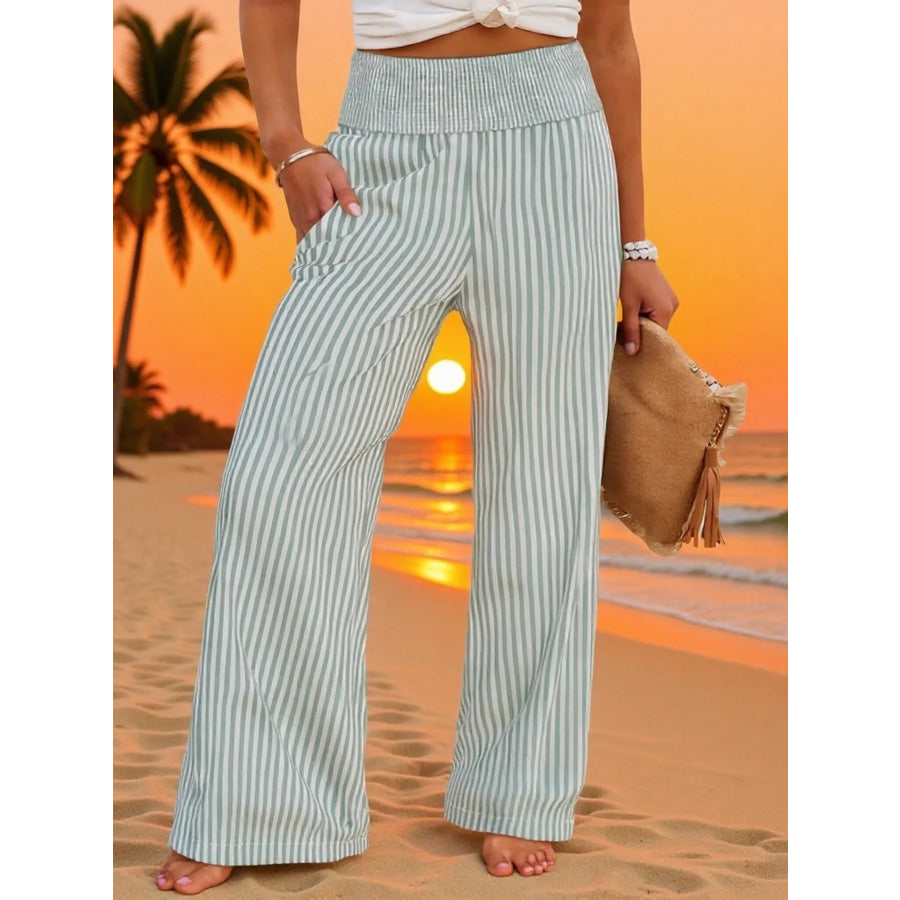 Striped Wide-Leg Pants Light Green / S Apparel and Accessories