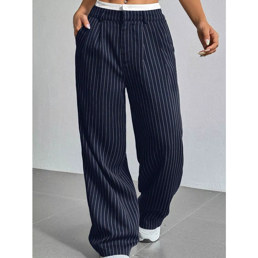 Striped Wide-Leg Pants Navy / S Apparel and Accessories