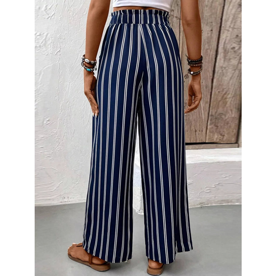 Striped Wide-Leg Pants with Elastic Waistband Apparel and Accessories