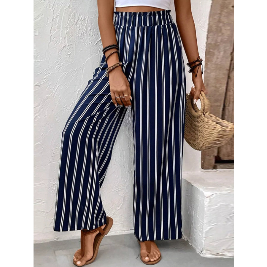 Striped Wide-Leg Pants with Elastic Waistband Apparel and Accessories