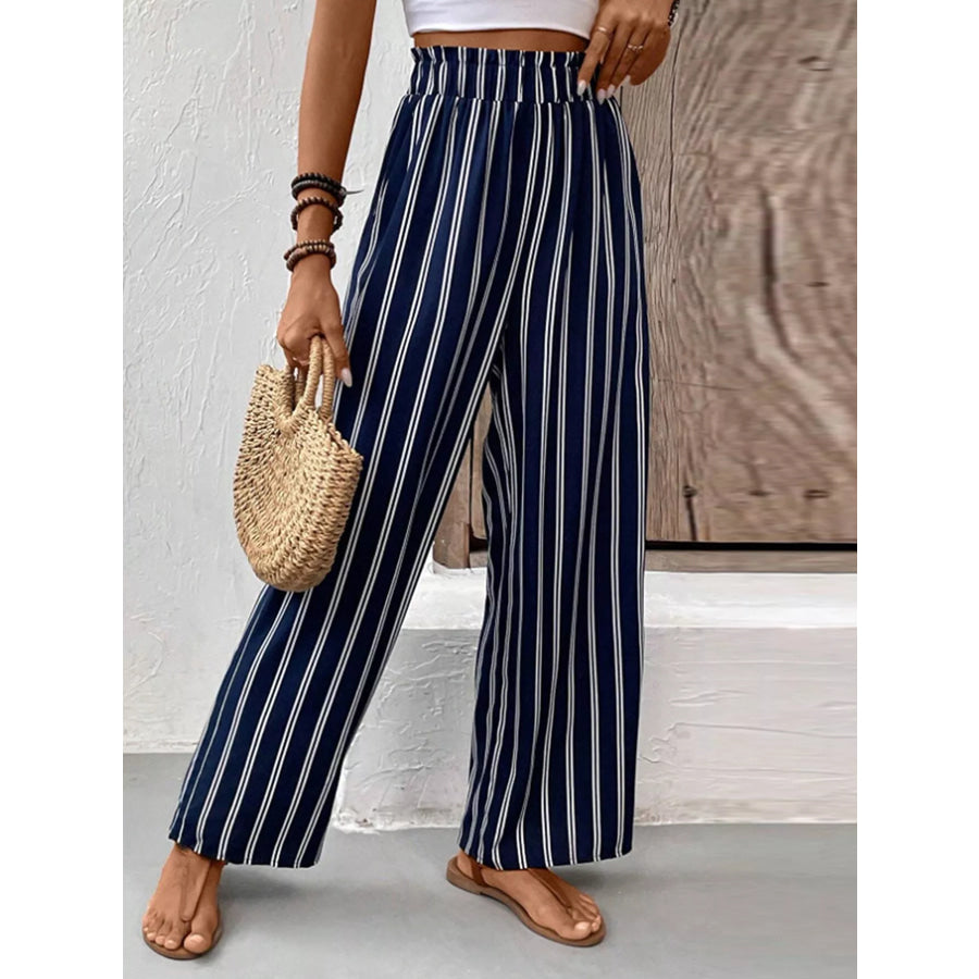 Striped Wide-Leg Pants with Elastic Waistband Apparel and Accessories