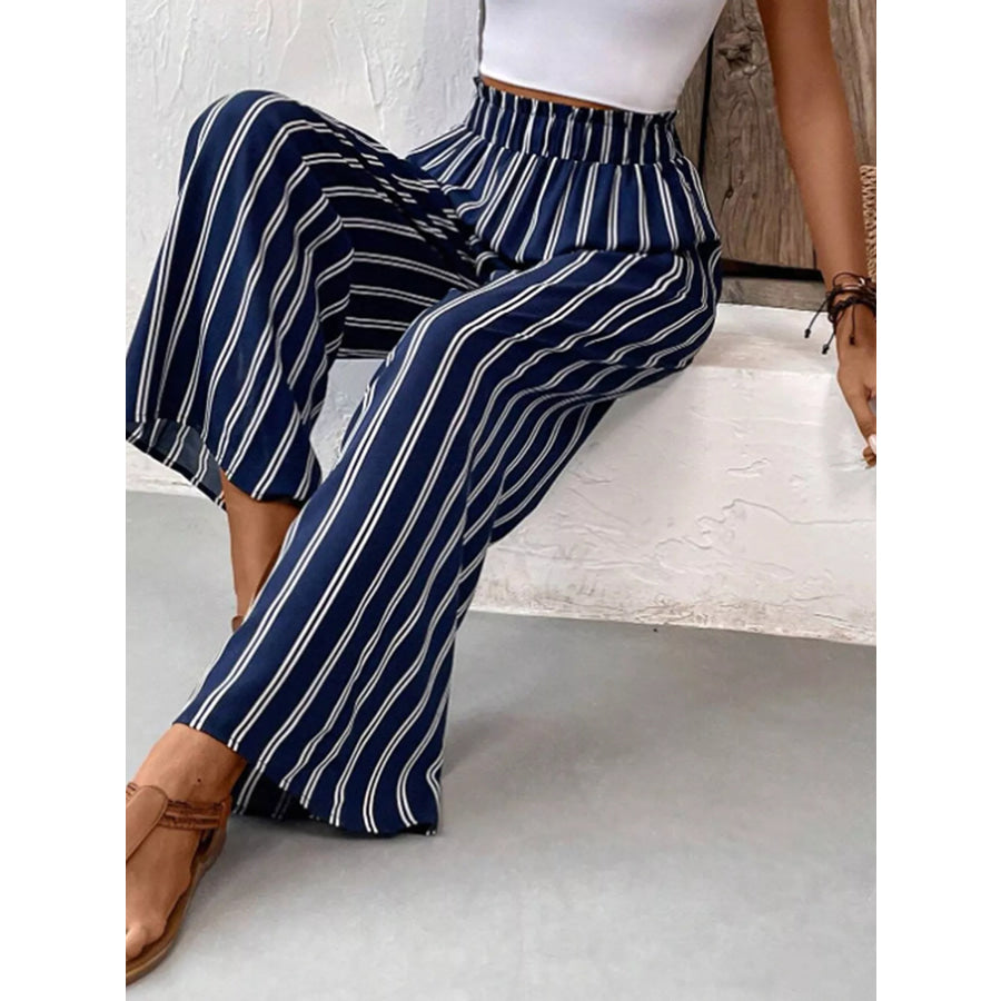 Striped Wide-Leg Pants with Elastic Waistband Apparel and Accessories