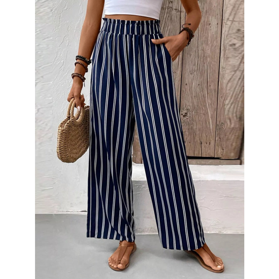 Striped Wide-Leg Pants with Elastic Waistband Dark Blue / S Apparel and Accessories