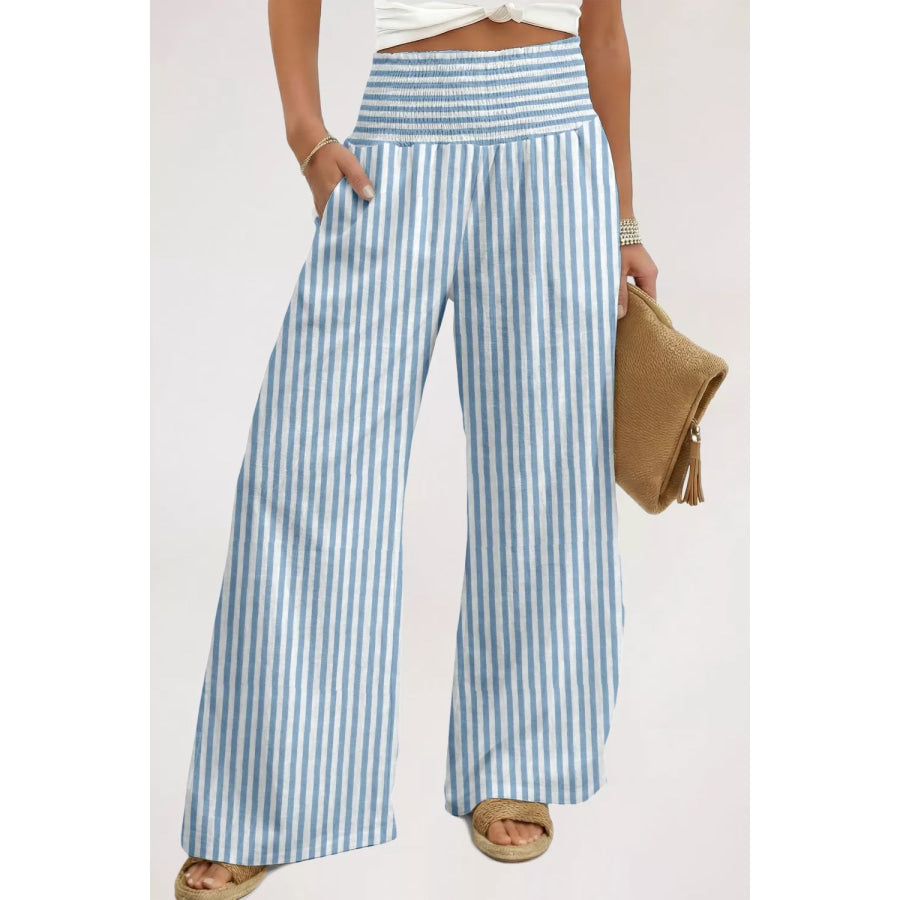 Striped Wide-Leg Pants with Smocked Waist Apparel and Accessories